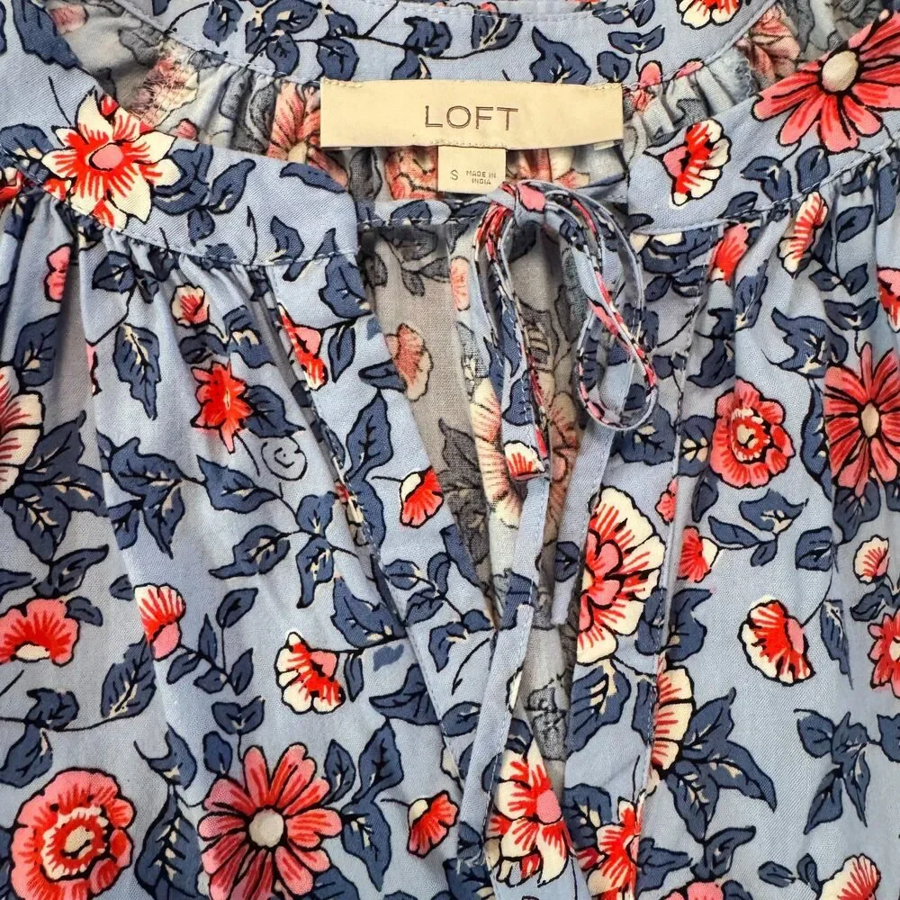 LOFT  Women's Floral Peasant Blouse Blue Pink Puff Sleeve Tie Neck Boho Top S